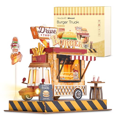 GalaSpark 3D Puzzle Burger Truck Modell - DIY Puppenhaus Lebensmittel Holz Bastel Miniatur Set mit LED-Lichtern, Einzigartiges Geschenk für Erwachsene und Kinder (Burger Truck) von GalaSpark