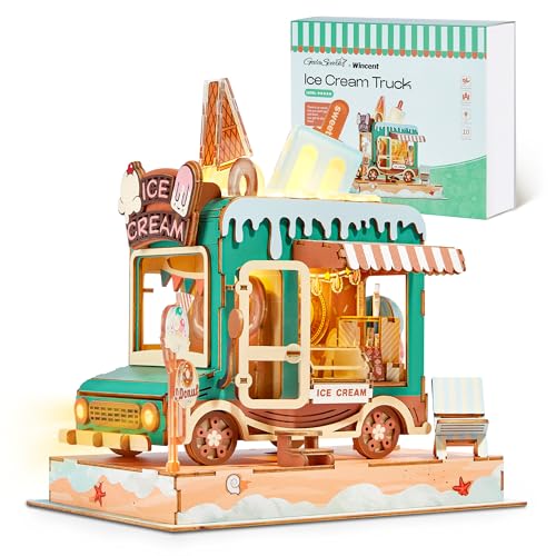 GalaSpark 3D Puzzle Eiswagen Modell - DIY Miniatur Set Puppenhaus Food Truck Holz Modell mit LED-Lichtern - Kreatives Geschenk für Kinder und Erwachsene (Eiswagen) von GalaSpark