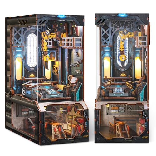 GalaSpark 3D Holzpuzzle Buchnische - DIY Miniaturhaus-Kit mit LED-Beleuchtung, Mechanische Garage Modell, Bücherregal Puppenhaus Dekoration Geschenk für Erwachsene und Jugendliche (Auto-Werkstatt) von GalaSpark