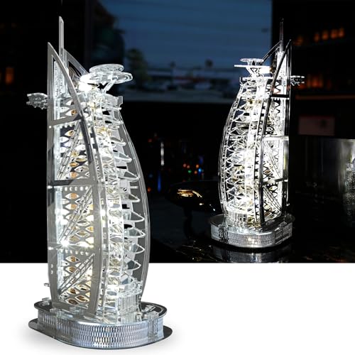 GalaSpark LED 3D Puzzle - 3D Architektur Gebäudemodell - Wahrzeichen von Dubai bei Nacht - 3D Acryl-Dekor Lampe DIY Ornament Nachtlicht (Silber, Weißes Licht) von GalaSpark