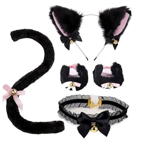 Galenecx 5 Stück Katzen Cosplay Set, Katzenkostüm mit Glöckchen, Katzenohren Stirnband, Verstellbarer Katzen Schwanz, Plüscharmband, Samtkragen, für Halloween, Kostümfest, Katze Cosplay von Galenecx