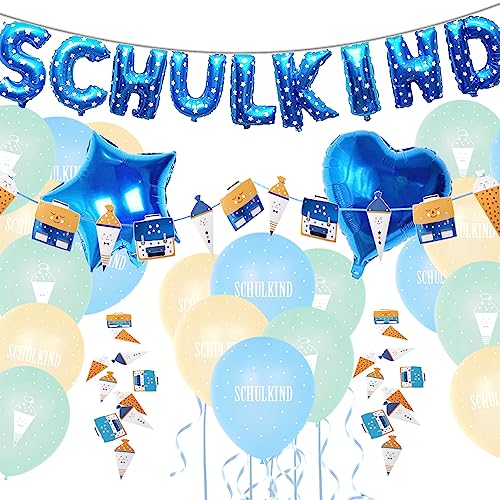 Einschulung Deko Set für Junge, Folienballon Schulkind Girlande + Schultüte und Schulranzen Banner + Schuleinführung Schulanfang Luftballon + Zuckertüten Konfetti Einschulung Deko Set für Junge, Folienballon Schulkind Girlande + Schultüte und Schulranzen Banner + Schuleinführung Schulanfang Luftballon + Zuckertüten Konfetti von Gallop Chic