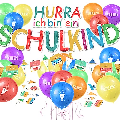 Einschulung Deko Set für Junge Mädchen, Schulkind Girlande + Schultüte und Schulranzen Banner + Schuleinführung Schulanfang Luftballon + Zuckertüten Konfetti von Gallop Chic