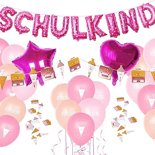 Einschulung Deko Set für Mädchen, Folienballon Schulkind Girlande + Schultüte und Schulranzen Banner + Schuleinführung Schulanfang Luftballon + Zuckertüten Konfetti von Gallop Chic