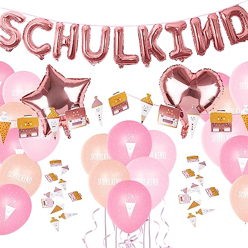 Einschulung Deko Set für Mädchen, Folienballon Schulkind Girlande + Schultüte und Schulranzen Banner + Schuleinführung Schulanfang Luftballon + Zuckertüten Konfetti Roségold Einschulung Deko Set für Mädchen, Folienballon Schulkind Girlande + Schultüte und Schulranzen Banner + Schuleinführung Schulanfang Luftballon + Zuckertüten Konfetti Roségold von Gallop Chic