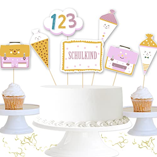 Schulanfang Tortendeko, 15 Stück Cupcake Toppers zur Einschulung, Schuleinführung Kuchen Muffins Dekorationen für Junge Mädchen 1. Schultag Party Deko - Beidseitig Bedruckt von Gallop Chic