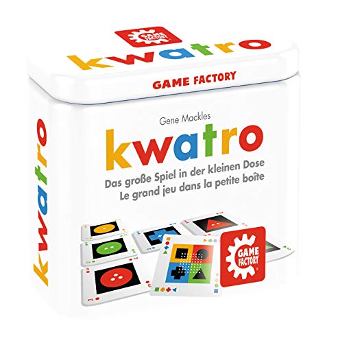 GAMEFACTORY 646195 Kwatro, Mini-Kartenspiel in handlicher Metalldose, Legespiel-Mix für Kinder und Erwachsene, Reisespiel von Game Factory