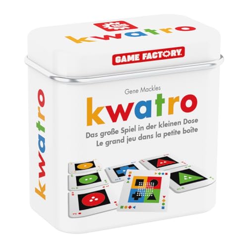 GAMEFACTORY 646195 Kwatro, Mini-Kartenspiel in handlicher Metalldose, Legespiel-Mix für Kinder und Erwachsene, Reisespiel von Game Factory