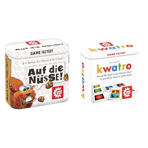 Game Factory 646273 Auf die Nüsse, das knackige Würfelspiel & 46195 Kwatro, Mini-Kartenspiel in handlicher Metalldose, Legespiel-Mix für Kinder und Erwachsene, Reisespiel von Game Factory