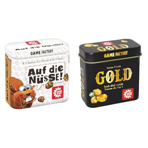 Game Factory 646273 Auf die Nüsse, das knackige Würfelspiel & 646252 Gold, Mini-Kartenspiel in handlicher Metalldose, ab 6 Jahren, ideal als Reisespiel oder Geschenk, für 2 bis 5 Spieler von Game Factory