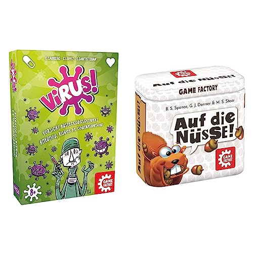 Game Factory Virus! Kartenspiel für 2 bis 6 Spieler & 646273 Auf die Nüsse, das knackige Würfelspiel, Mini-Spiel in handlicher Metalldose, Reisespiel, für Erwachsene und Kinder ab 8 Jahren von Game Factory