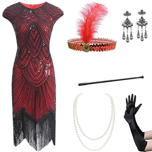 Gammify 1920er Jahre Damen Abendkleid V-Ausschnitt Pailletten Perlen Fransen Kleid mit 20s Zubehör Set Rot L von Gammify