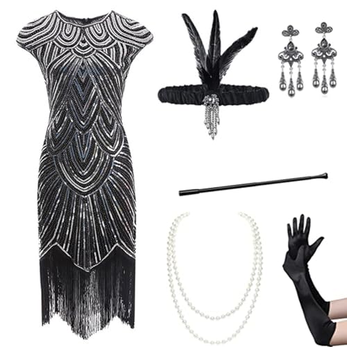 Gammify 1920er Jahre Damen Abendkleid V-Ausschnitt Pailletten Perlen Fransen Kleid mit 20s Zubehör Set Schwarz M von Gammify