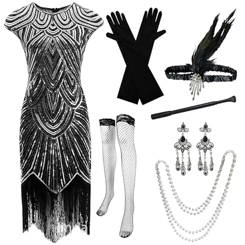 Gammify 1920er Jahre Damen Abendkleid V-Ausschnitt Pailletten Perlen Fransen Kleid mit 20s Zubehör Set Schwarz XL von Gammify