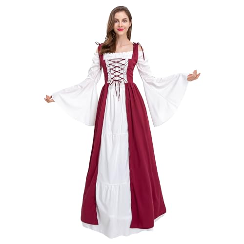 Gammify Damen Mittelalter Kleidung Renaissance Kostüm Kleid Viktorianischen Königin Kleider Prinzessin Kostüm Trompete Ärmel Gotisch Maxikleid Rot L von Gammify