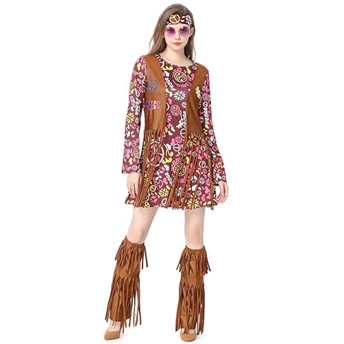 Gammify Hippie Kostüm Damen 60er 70er Jahre Kleidung Retro Frauen Hippie Disco Kleid Mädchen Faschingskostüme Accessoires für Halloween Karneval Cosplay Braun L von Gammify