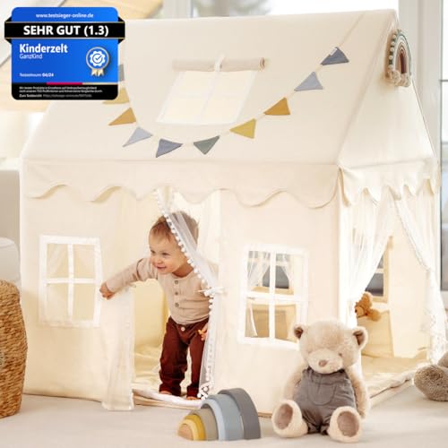 GANZKIND® Spielhaus Kinder Indoor mit 2 Eingängen & 5 Fenstern | Kinderzelt für Drinnen, Spielzelt, Kinderspielhaus, Kinderhaus, Zelt Kinderzimmer, Kuschelecke | Mädchen & Jungen ab 3 Jahre von GanzKind