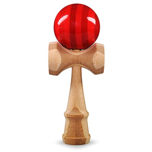 Ganzoo Kendama aus Buchen-Holz, Original Japanisches Traditionelles Holz-Sportgerät mit Kugel, Schnur und Fangteller für Geschicklichkeit/Balancing, Geschenk-Idee (rot Streifen + Holz) von Ganzoo