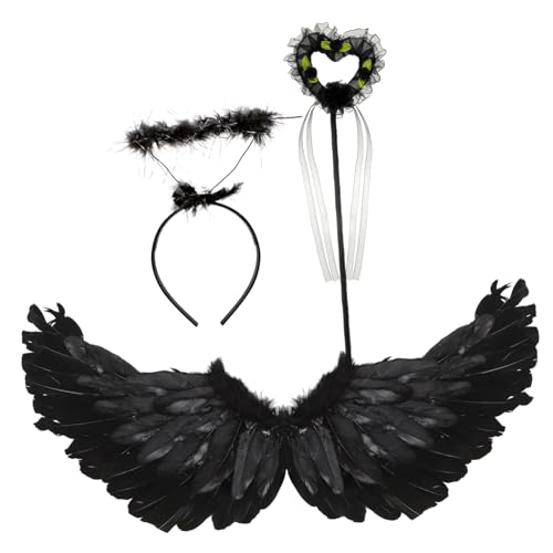 Garneck 1 Satz Engelsflügel Kostümset für Teiliges Set mit Schwarzen Federflügeln Heiligenschein und Zauberstab für Halloween Karneval Cosplay und Fotoshootings von Garneck