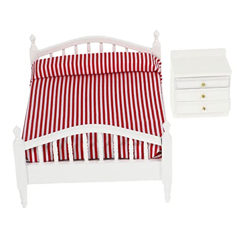 Garneck 1 Satz Puppenhaus Doppelbett mit Nachttisch aus Kreatives Schlafzimmer Zubehör für Miniaturzimmer Romantisches Design und Detailreiche Verarbeitung von Garneck