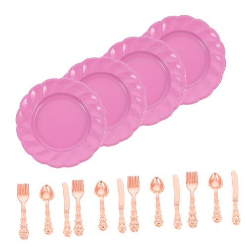 Garneck 1 Set Puppenhaus Geschirrset Mini Puppenhaus Zubehör Miniatur Hausgeschirr Miniatur Geschirr Mini Miniatur Löffel Rollenspielzeug Harz Roségold von Garneck