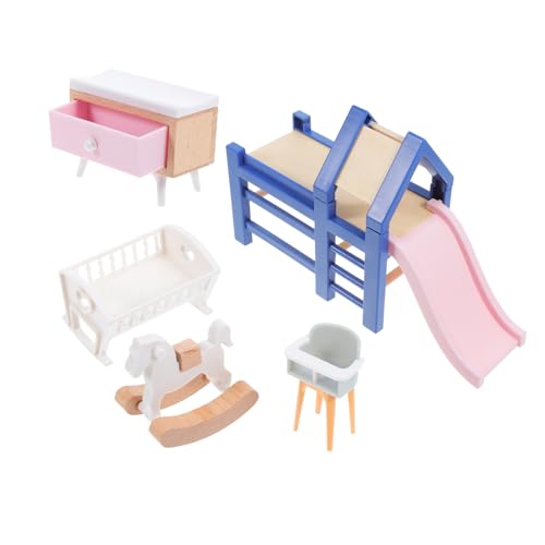 Garneck 1 Set Puppenhaus-babymöbel-Set: 1:12 Miniatur-Wiege, Rutsche, Schaukelpferd, Hocker – Rollenspiel-Set – Puppenhaus-zubehör, Puppenspielplatz-Set von Garneck