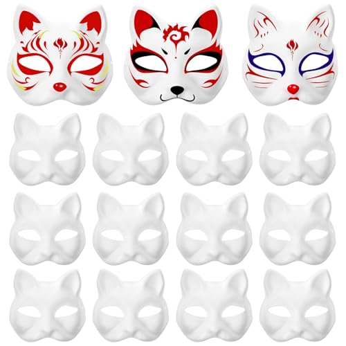 Garneck 15 Stück Katzen-Maske: DIY Weiße Tier-Halbmaske aus Papier für Kinder, Cosplay, Kostümparty-Zubehör von Garneck