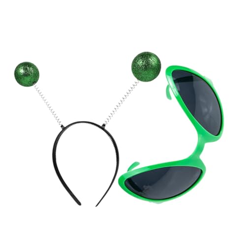Garneck 2 Stück Alien Stirnband und Brille Set Teilig Grünes Alien Kostüm mit Kunststoffbrille und Antennen Haarreif Vielseitig für Karneval Halloween Mottoparty und Bühnenauftritte von Garneck