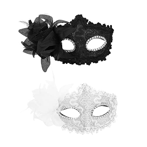 Garneck 2 Stück Halbgesichts Masken mit Lilien und Rosenmuster Venezianische Masquerade Gesichtsdekorationen Weiße und Schwarze Damen Maskenball Accessoires für Fasching und Kostümparty von Garneck