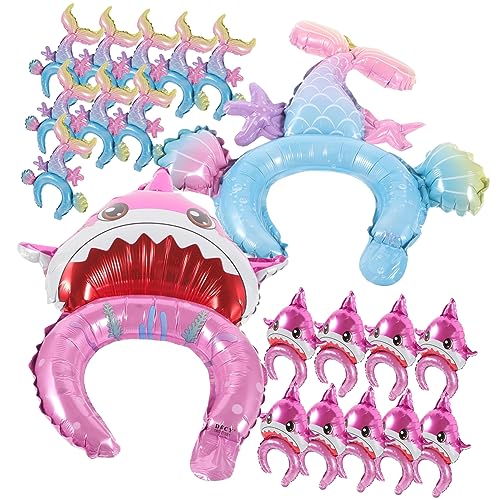 Garneck 20 Stück Meerjungfrau Stirnbandhai Stirnband Ballon Krawatten Stirnbänder Blau Ballons mit Stirnband schwimmt klein Party-Kopfbedeckung aufblasbare Party-Requisiten Aluminiumfolie von Garneck