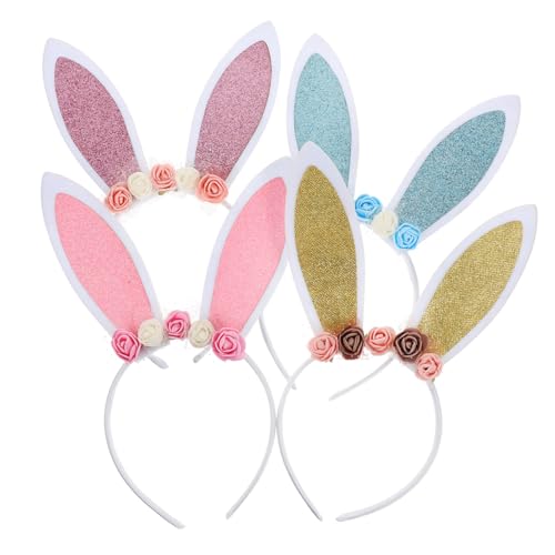 Garneck 4 Stück Teiliges Hasenohren Haarband mit Künstlichen Blumen Weiches Stirnband mit Dekorativen Kaninchenohren in Gold Rosa Blau und Bequemes Party Accessoire für Ostern Kostüm und von Garneck