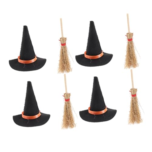 Garneck 8 Stück Teiliges Mini Hexenhut und Besen aus Filz Schwarzer Mini Hexenhut und Roter Hexenbesen Puppenhaus Dekoration für Halloween Handgefertigte Miniatur Hexenaccessoires von Garneck