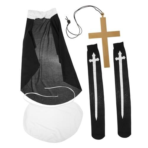 Garneck Halloween Nonnenkostüm Set Damen Schwarzer Baumwoll Mix Kopftuch Halskrause Kreuz Anhänger und Overknee Strümpfe Leichtes Cosplay Kostüm für Fasching und Party von Garneck