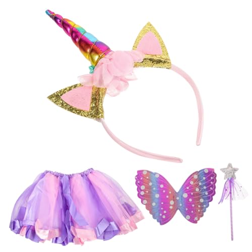 Garneck Mädchen Tutu Rock mit Feenflügeln Einhorn Haarreif und Zauberstab Buntes Karneval Kostüm für Bühnenauftritt Cosplay Party Zubehör Langlebiges Stoffmaterial von Garneck
