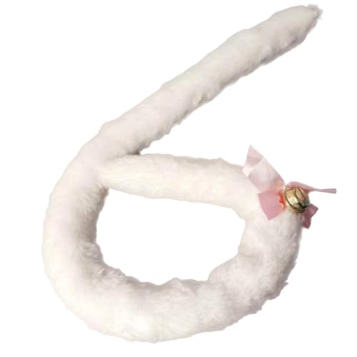 Garneck Plüsch Katzenschwanz Weiß mit Schleife und Abnehmbarer Glocke Flexibles Cosplay Kostüm Accessoire für Damen Mädchen Karneval Halloween Party von Garneck