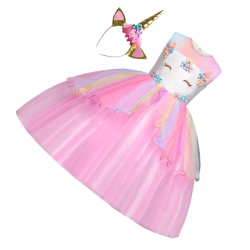 Garneck Prinzessin Kleid Rosa Tüll Festliches Party Kostüm mit Gold Haarkranz Unregelmäßiger Saum für Geburtstag Fotografie Tanz Aufführung von Garneck