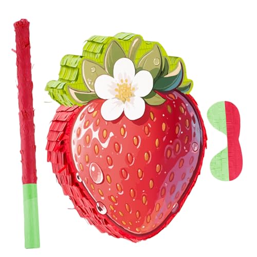 Garneck Rote Erdbeer-piñata mit Stab und Augenbinde Karton und Krepppapier Inklusive Konfettiöffnung Vielseitige Sommerparty-deko und Geburtstagsfeier-spielspaß von Garneck