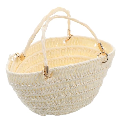 Garneck Strohsack Puppenhandtasche Puppenhaus-Miniatur-Einkaufskorb Puppe Ausstellungstasche Puppenhaus Mini Stroh Mini gewebte Taschen kleine Beuteltasche Papier Weiß von Garneck