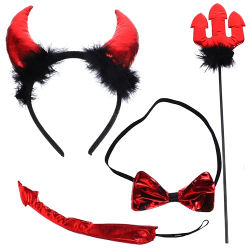 Garneck Teufel Kostüm Set Teiliges Halloween Zubehör mit Teufelshörnern Haarreif Fischgabel und Fliege für Cosplay für Partys und Feiern von Garneck