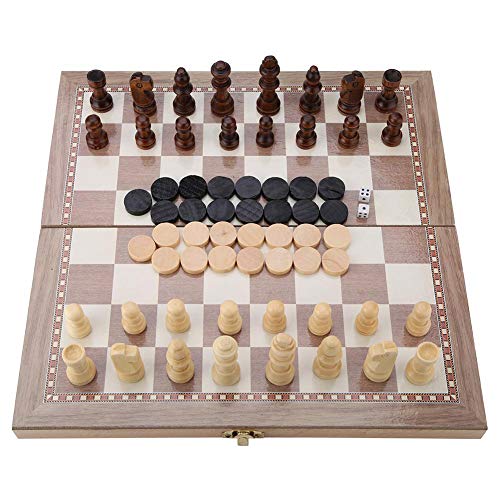 Garosa Hölzernes Schachspiel, 3-in-1 Schach und Dame und Backgammon Faltschach Brettspielspiele, Tragbare Holz Schachbrett von Garosa