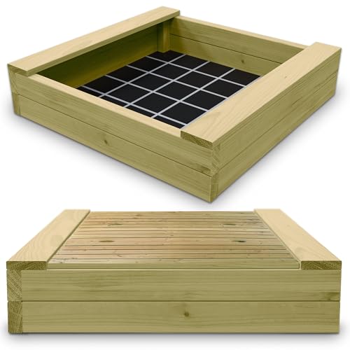 Gartenwelt Riegelsberger Massiver Sandkasten Bär 150 x 150 cm aus Kiefernholz Sandkiste Sandbox mit passendem Deckel Spielkasten inkl. Sitzbretter und Bodenplane von Gartenwelt Riegelsberger