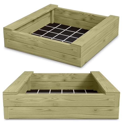 Gartenwelt Riegelsberger Massiver Sandkasten Bär 195 x 195 cm aus Kiefernholz Bohlen 60 mm Sandkiste Sandbox Spielkasten inkl. Sitzbretter und Bodenplane von Gartenwelt Riegelsberger