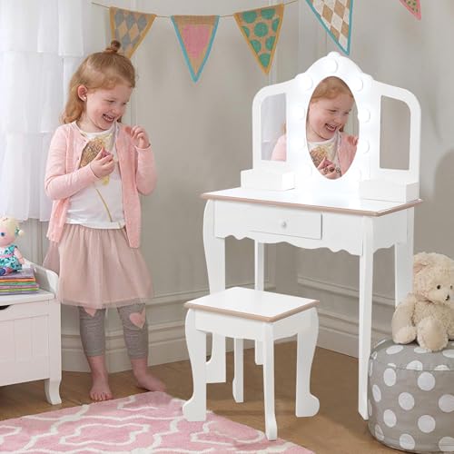 Garveehome Kinder-Kosmetiktisch und Stuhl-Set mit Licht, Mädchen-Schminktisch mit Spiegel, Schublade und Spielset, Holz-Prinzessinnen-Make-up-Schreibtisch, Schminktisch, Kleinkind-Schminktisch von GarveeHome