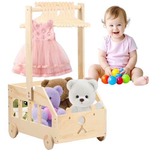 Gatphy Baby Korb für Neugeborene Holz 37,5x25x22cm, Babykorb mit 10 Puppenkleiderbügel, mit Rad-Design, Holz EIN Geschenkkorb Der mit Stofftieren Grußkarten Kleidung Ergänzt Kann (mit Rad) von Gatphy