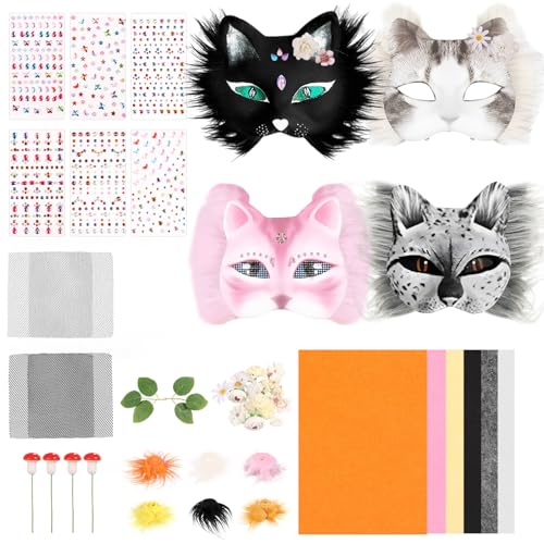 Gatphy Katzenmasken Zum Bemalen Set 4 Stück mit Reichhaltiges Deko-Zubehör: Filzstreifen Netz Blumen Blätter Aufkleber Mask Passend Weihnachten Karneval von Gatphy