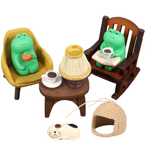 Gatphy Set mit 7 Miniatur-Figuren, Frosch, mit Tisch und Stuhl, Miniatur-Frosch, aus Kunststoff, warm, harmonisch, für Dekoration, Regal, Büro, Garten von Gatphy