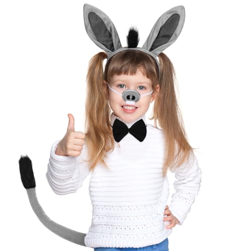 Esel-Kostüm-Set, graue Eselsohren, Stirnband, Fliege, Nase für Halloween, Ostern, Schulaufführungen Esel-Kostüm-Set, graue Eselsohren, Stirnband, Fliege, Nase für Halloween, Ostern, Schulaufführungen von Gatuida