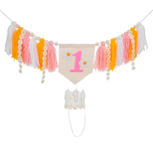 Gatuida 1 Set Boho Daisy Hochstuhl-Banner für Babys ersten Geburtstagsparty-Zubehör mit Kronenhut-Quasten-Wimpelkette Blumendekorationen für Kindergeburtstage von Gatuida
