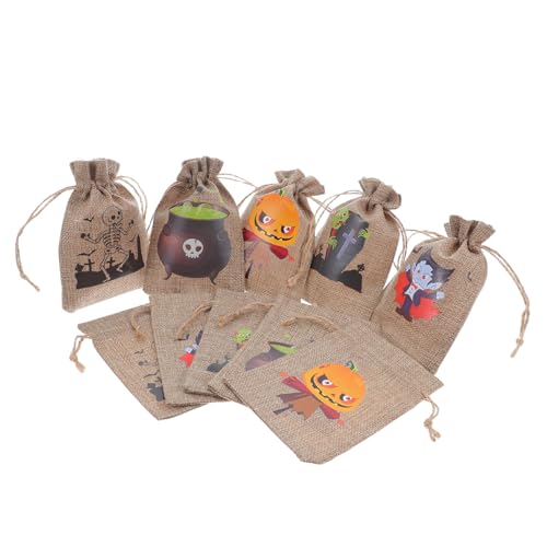 Gatuida 10 Stück Halloween Geschenktüten aus Baumwolle und Leinen Robuste Kordelzug Beutel mit Halloween Motiven Wiederverwendbare Süßigkeiten Taschen für Party Trick Treat und von Gatuida