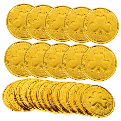 Gatuida 100 Stück Dreiblattklee Goldmünzenspielzeug Party Dekorationen Kleeblatt Heilige Grün Parteibevorzugung Glücksmünzendekoration Spielzeugmünzen irische Festdekoration Plastik Golden von Gatuida